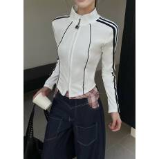 批发2026春季拼接条纹拉链开衫立领t恤<b class='q'>女长袖</b>时尚修身百搭显瘦上衣潮