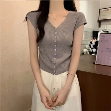 批发灰色冰丝<b class='q'>针织</b><b class='q'>开衫</b>短袖t恤女装2026新款夏季V领修身小个子<b class='q'>短款</b>上衣