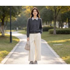 批发<b class='q'>翻领</b>长袖针织衫早秋新款女装氛围感穿搭设计感开衫外套拼色上衣女