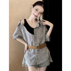 批发实拍~大码胖MM2026假两件格子衬衫设计感拼接吊带上衣