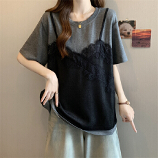 批发实拍~大码胖MM新款设计感网纱拼接吊带花边假两件遮肉显瘦上衣