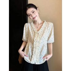 批发胖mm法式甜美木耳边短袖衬衫夏季2026新款大码女装巨好看波点上衣
