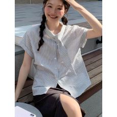 批发条纹飘带短袖<b class='q'>衬衫</b>女2026夏季小个子高级感宽松气质小飞袖上衣