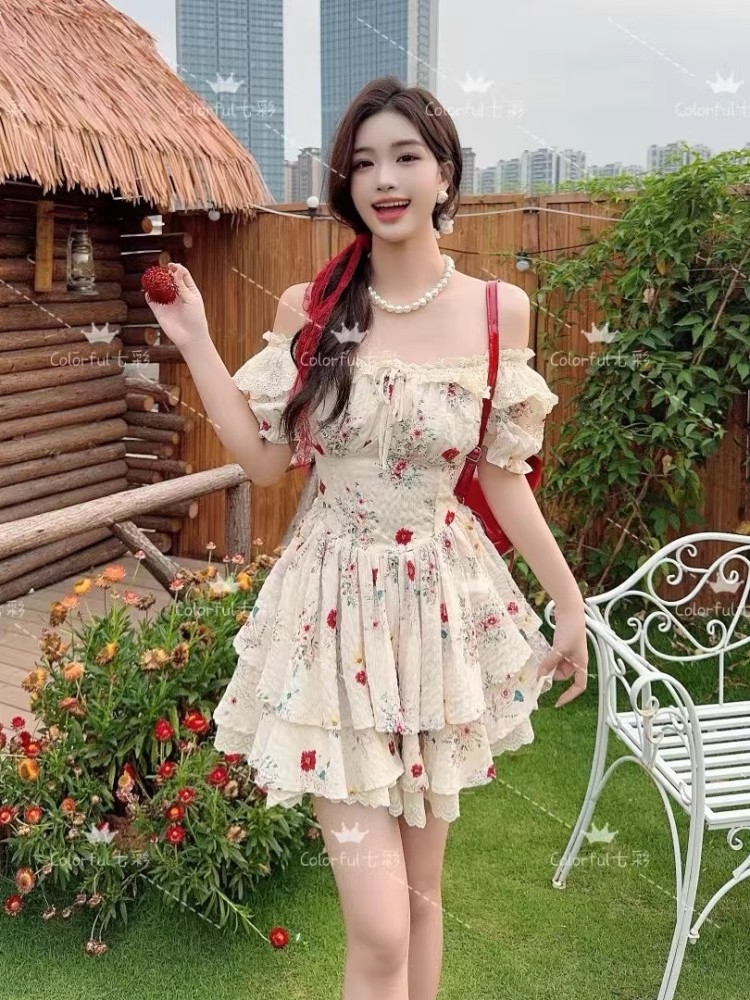 MY7876# 法式初恋感泡泡袖波点连衣裙女夏气质仙女裙收腰小个子短裙女裝貨源服裝批發