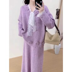 批发大码女装2025秋冬新款胖MM早秋秋穿搭高级感针织上衣+半身裙套装