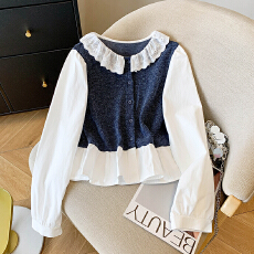 批发蕾丝花边拼接娃娃领长袖<b class='q'>衬衫</b>女秋季森系文艺松弛感假两件叠穿上衣