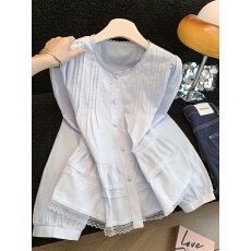 批发甜美蕾丝花边圆领<b class='q'>衬衫女</b>2026春季新款设计抽褶荷叶边洋气减龄上衣