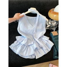 批发飘带挂脖法式v领无袖背心<b class='q'>衬衫</b>女夏季不规则褶皱荷叶边娃娃衫上衣