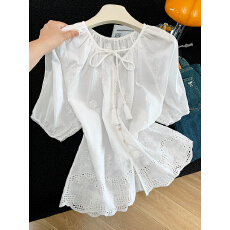 批发<b class='q'>韩版</b>镂空刺绣短袖衬衫女秋季2026新款圆领系带宽松减龄甜美风上衣