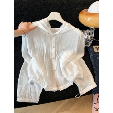 批发韩版宽松连帽白色防晒外套女夏季拉链薄款透气收腰上衣