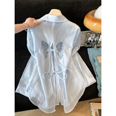 批发刺绣蝴蝶绑带开叉防晒衬<b class='q'>衫</b>女夏季薄款外搭设计感小众长袖开<b class='q'>衫</b>外套