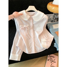 批发韩系拼接粉色<b class='q'>蝴蝶结</b>娃娃领长袖<b class='q'>衬衫</b>女2026秋新款内搭外穿开衫上衣