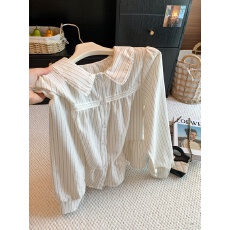 批发复古娃娃领<b class='q'>条纹</b>设计感上衣女早秋韩系宽松设计感小众叠穿长袖<b class='q'>衬衫</b>