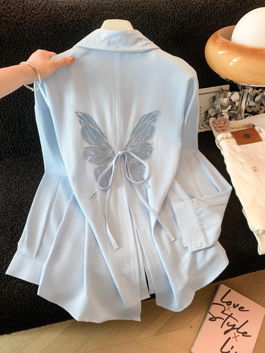 蓝色蝴蝶绑带开叉秋款衬衫女外搭设计感宽松显瘦开衫外套 服裝批發女裝批發服飾貨源