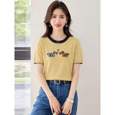 设计感正肩圆领短袖T恤2026夏季新款拼色显瘦打底针织衫