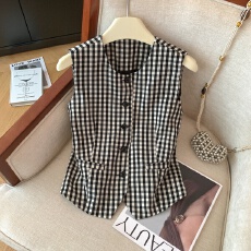 批发实拍小众洋气百搭格子马甲开衫女夏季新款显瘦无袖后背系绳上衣
