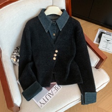 批发实拍高级感小香风气质毛衣女秋冬季新款洋气拼接牛仔假两件<b class='q'>开衫</b>