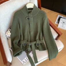 批发实拍设计感腰带显瘦气质毛衣女秋冬季新款甜酷外穿洋气立领<b class='q'>开衫</b>