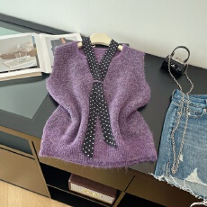 批发实拍小性感波点飘带<b class='q'>百搭</b>无袖背心套装女秋冬新款洋气叠穿显瘦马甲