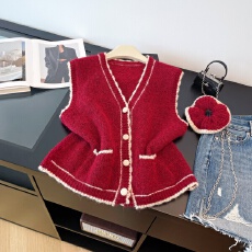 批发实拍复古洋气显瘦v领叠穿马甲女秋冬新款氛围感气质搭配发圈开衫