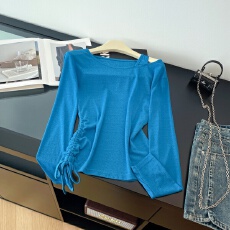 批发实拍新款显瘦露肩洋气抽绳长袖打底衫女秋冬季外穿内搭通勤T恤