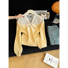 批发实拍新款镂空性感蝴蝶结上衣<b class='q'>女</b>秋冬季设计感蕾丝花边V领针织开衫