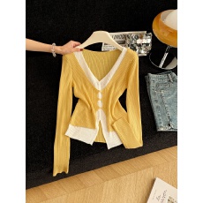 批发实拍新款洋气撞色假两件<b class='q'>长袖</b>早秋季纯欲风辣妹外穿显瘦针织上衣女