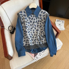 批发实拍性感豹纹马甲叠穿<b class='q'>牛仔</b><b class='q'>衬衫</b>套装<b class='q'>女</b>秋冬新款洋气显瘦宽松两件套