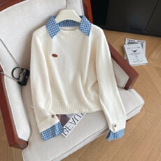 批发实拍韩系<b class='q'>假两件</b>显瘦格子翻领毛衣女秋冬季新款显白气质外穿针织