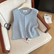批发实拍早春新款洋气温柔叠穿无袖针织<b class='q'>马甲</b>女显瘦单排扣舒适显瘦背心