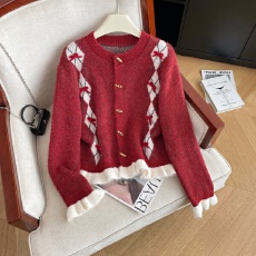 批发实拍冬季新款复古港风气质显瘦单排扣毛衣女洋气蝴蝶结百搭外套