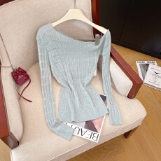 批发实拍性感辣妹外穿显瘦斜肩<b class='q'>针织衫</b>女春季新款纯欲<b class='q'>镂空</b>修身显白上衣