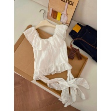 批发实拍法式显瘦小清新纯色甜美衬衫女夏季新款设计感绑带洋气飞飞袖