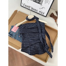 批发实拍高级感显瘦格纹背心抹胸<b class='q'>女</b>夏季新款韩系气质百搭纯欲飘带上衣