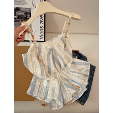 批发实拍高级感漂亮串珠吊带<b class='q'>雪纺衫女</b>夏季新款洋气减龄镂空撞色上衣