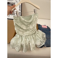 批发实拍性感纯欲风露肩碎花抹胸上衣<b class='q'>女</b>夏季新款辣妹外穿收腰显瘦短袖