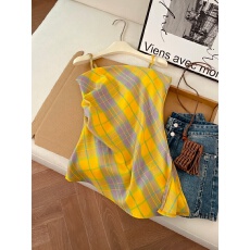 批发实拍彩色多巴胺<b class='q'>格子</b>吊带上衣女夏季新款设计感褶皱外穿性感小衫