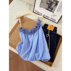 批发实拍工艺立体花朵性感露肩<b class='q'>衬衫</b>女夏季新款显瘦条纹百搭宽松上衣