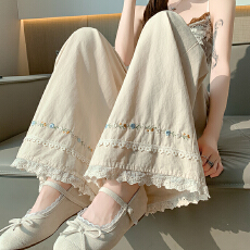 批发实拍洗水阔腿裤子<b class='q'>女</b>夏蕾丝花边裤脚垂坠感九分直筒裤小个子休闲裤