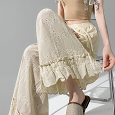 批发实拍蕾丝镂空刺绣叠穿休闲裤<b class='q'>女</b>夏季新款微透木耳花边阔腿裤<b class='q'>九分</b>裤