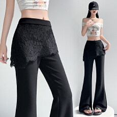 批发实拍假两件不规则蕾丝屁帘微喇叭裤<b class='q'>女</b>夏季高腰显瘦修身弹力拖地裤