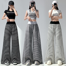 批发实拍谢撞色条纹松紧腰中腰<b class='q'>休闲裤</b><b class='q'>女</b>夏季新款直筒垂感宽松百搭<b class='q'>长裤</b>