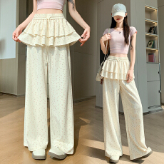 批发实拍印花拼接屁帘阔腿裤女春夏高级感荷叶边<b class='q'>运动</b>卫裤直筒休闲长裤