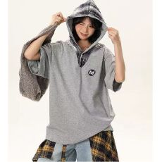 批发美式复古假两件格子拼接连帽短<b class='q'>袖</b>T恤夏季设计感宽松潮牌<b class='q'>半截</b><b class='q'>袖</b>ins