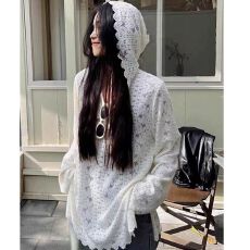 批发M-3XL大码女装法式V领连帽花边<b class='q'>蕾丝</b>衫女秋重工<b class='q'>钩花</b>针织衫气质<b class='q'>上衣</b>