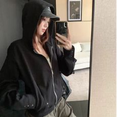 批发【纯棉华棉复合】铆钉连帽卫衣<b class='q'>外套</b><b class='q'>女装</b>秋季慵懒宽松灰色开衫上衣