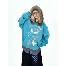 批发美式星星连帽字母可拆卸毛领卫衣<b class='q'>女</b>秋季宽松街头拉链外套