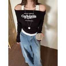 批发假两件斜肩红色<b class='q'>长袖</b><b class='q'>t</b><b class='q'>恤</b>女秋季美式辣妹一字肩挂脖上衣打底衫内搭