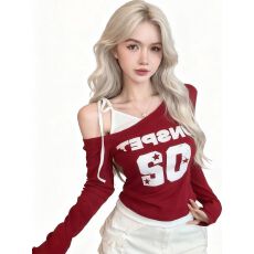 批发港味御姐红色拼接假两件斜领露肩<b class='q'>长袖</b><b class='q'>t</b><b class='q'>恤</b>女美式辣妹别致印花上衣