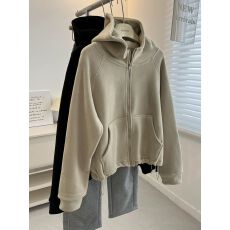 批发【澳粒绒】特大码300斤纯色双面绒<b class='q'>开衫</b>连帽<b class='q'>卫衣</b>女拉链外套冬